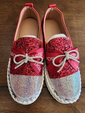 Women's Red Glitter & Rhinestone Slip-On Loafers Just For You Size 38.5(7.5) NEW